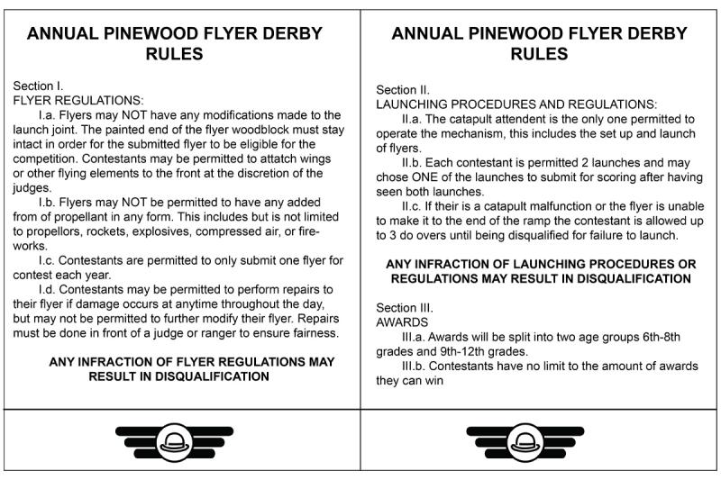 Rules sheet provided by the Pinewood Flyer Derby Guide book