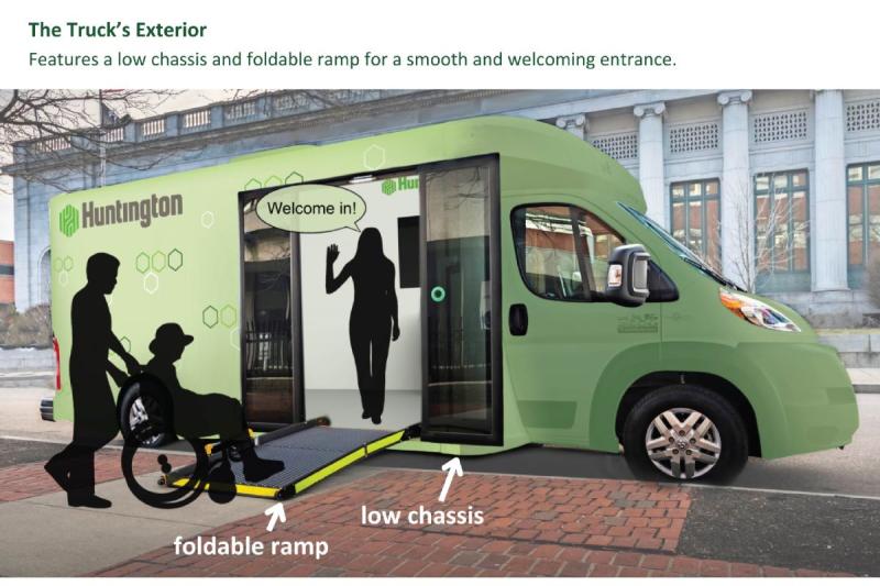 An image of the exterior of the Huntington Bank Pop-Up Truck featuring the truck's foldable ramp and low chassis.