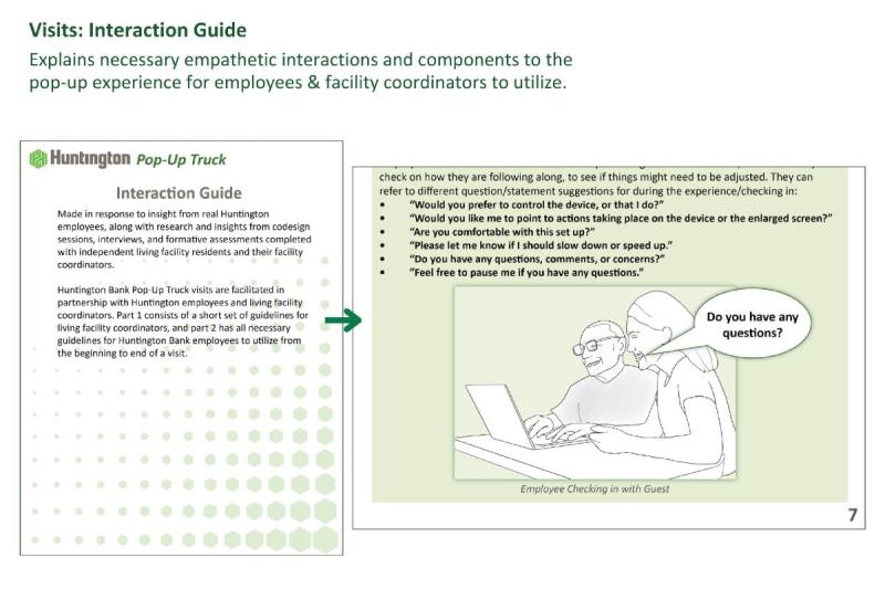 An image of one of the Huntington Bank Pop-Up Truck Interaction Guide, which is for independent living facility coordinators and Huntington employees to utilize. 