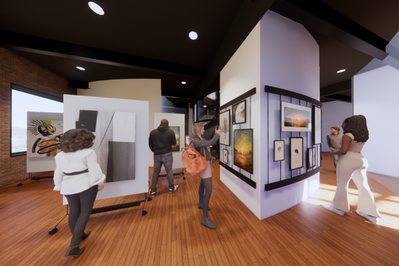 This photo is a rendering of the gallery space. On the right is a curved wall that has a cable system with artwork from the students hanging on it. On the left side there are movable display walls where instructor’s work would be curated on. There are people throughout the space looking at the artwork. Behind these display walls, you can see a little bit of the glass curved wall that surrounds the curvedl staircase and circular elevator, and the overall room has exposed brick walls and hardwood floor