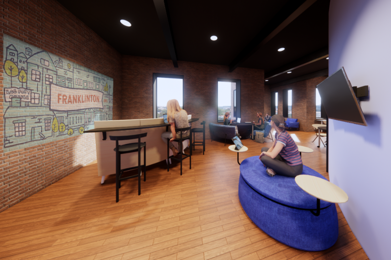This photo is a rendering of the student lounge on the second floor. Within it are various different pieces of lounge furniture, including a circular poof with table tops, a table with two rounded benches on either side, and rounded work table, and, in the back, oversized lounge chairs, where students can comfortably work or relax. There are a few students sitting throughout the space.
