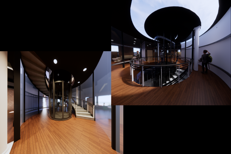 This photo shows two renderings, the bottom left is of the curved stair and circular glass elevator on the first floor and the top right shows the same area on the second floor. On the first floor rendering, there is a curved glass wall that encloses the area, surrounding the stairs. On the second floor, the curve of the stairs continues into the area that goes around the elevator and stairs that makes a spiral shape.