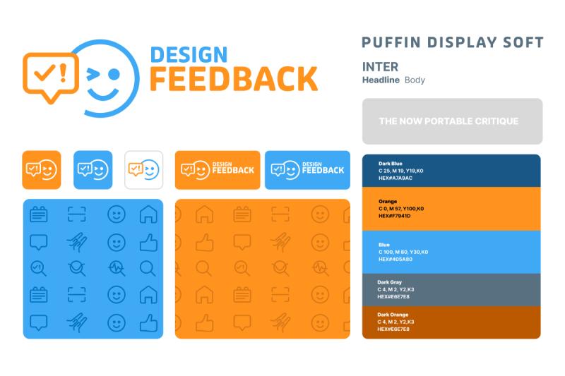 Design Feedback’s identity guide; including the brand’s logo, colors, icons, and typography