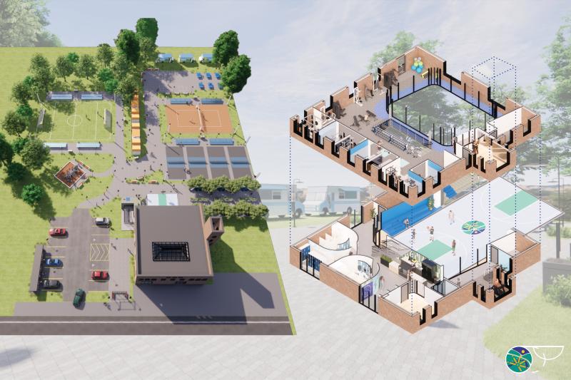 A comprehensive site plan of the building in front with a basketball court, playground, futsal field, social gathering space, gazebos, pickleball courts, sand volleyball, ping-pong, four square, and equipment trucks from south to north. 