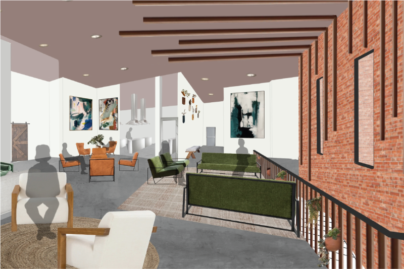 A rendered view of the Third Space located on the second floor of the building. One of the learning kitchens is visible in the background.