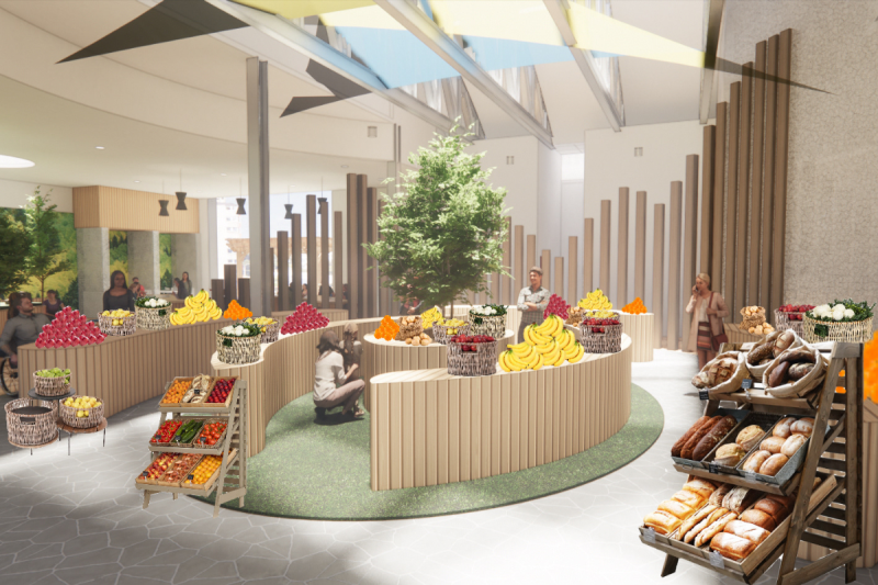 Users shopping in a fresh market space filled with fruits, vegetables, and other fresh foods