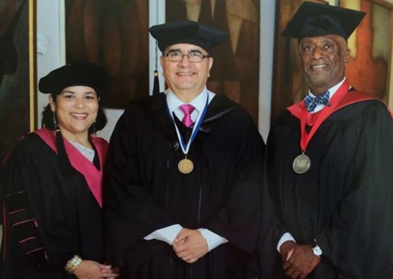Pictured left to right: Maria Fabiola Espinosa, Dean, Dr. Ernesto Medina, President, R. Brian Stone, Professor