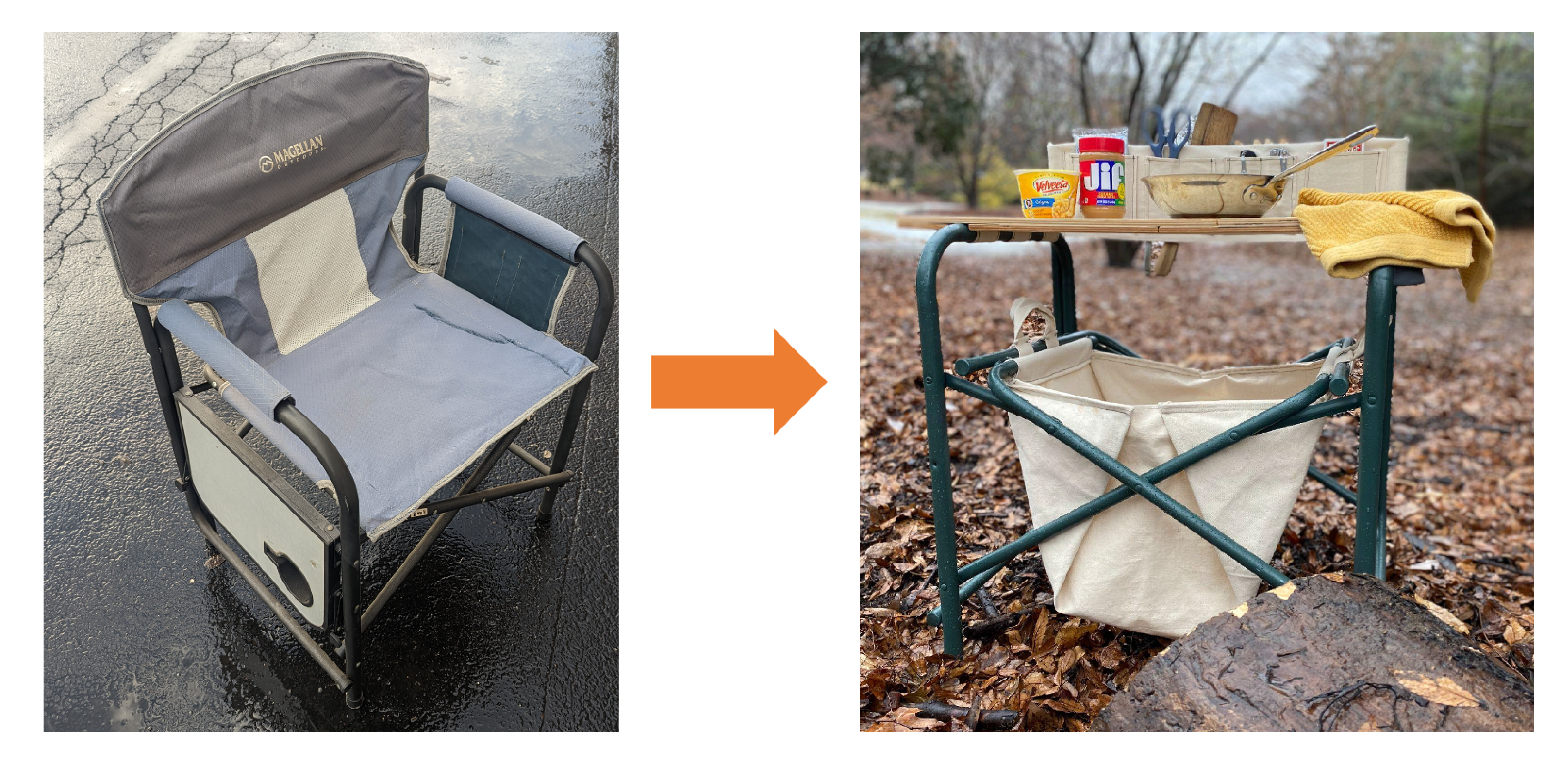 Image showing an old camping chair on the street and an orange arrow pointing to the repaired version in use as a camper’s table in nature.