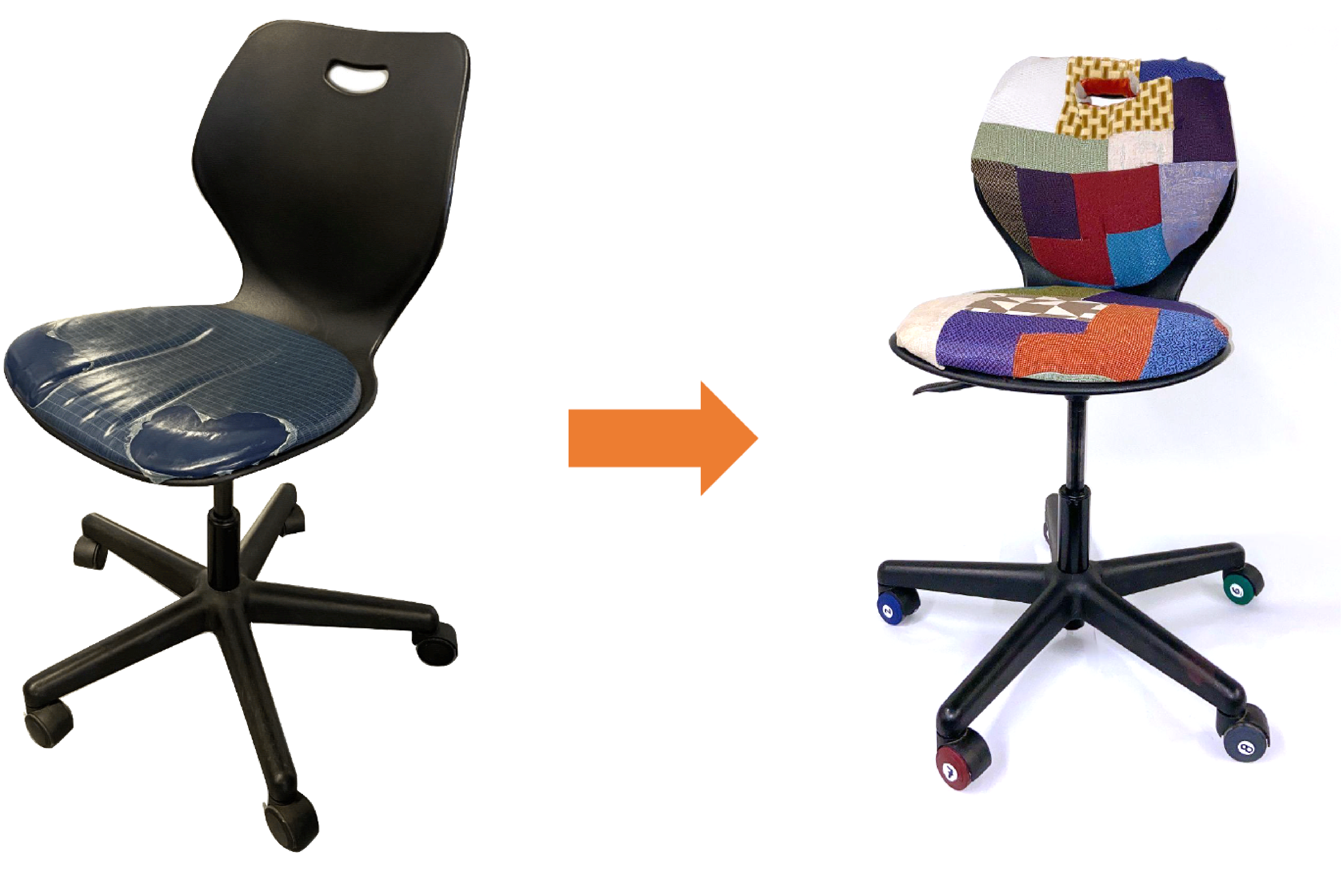 Image showing a worn-out office chair on the left and orange arrow pointing to the repaired version on the right side of the image.