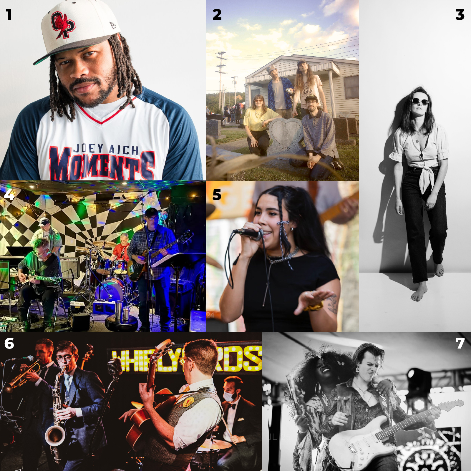 Grid of photos featuring musical artists.