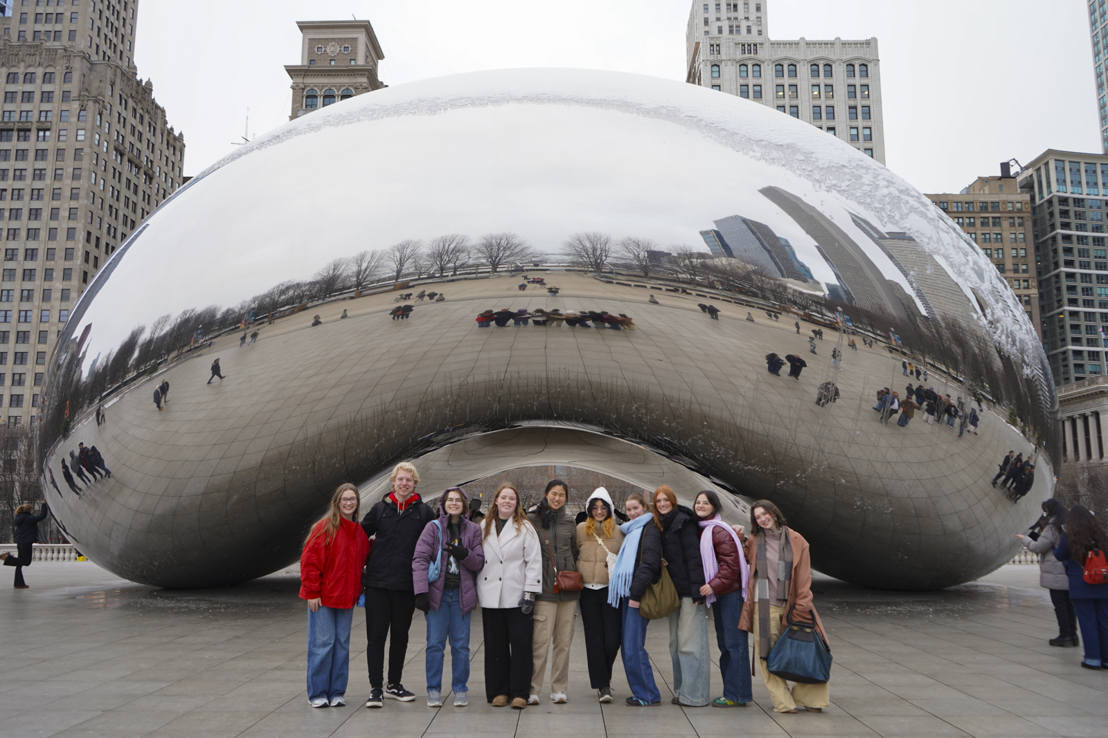 Students posing by “The Bean” 