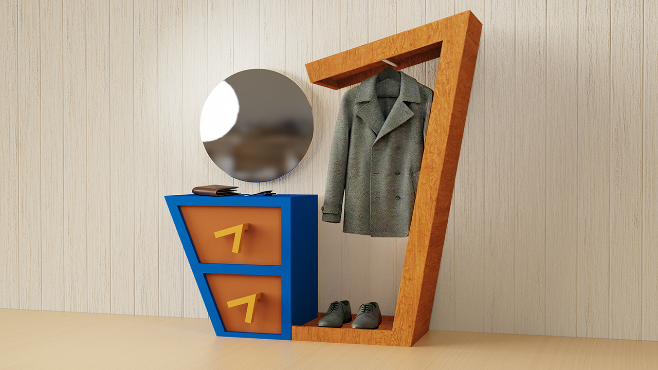 Rendering of an entryway table and coat rack unit with bright blue and orange features.