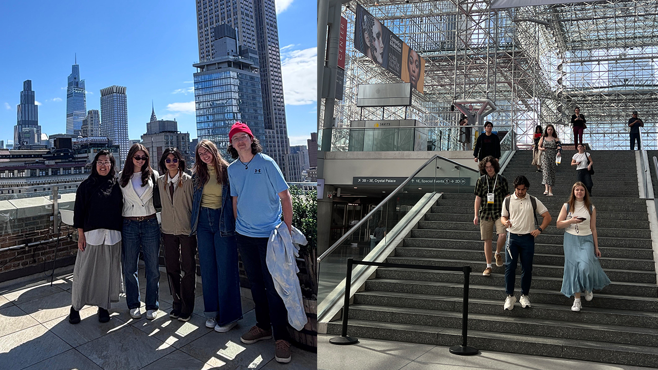 A professor with students standing and smiling on a rooftop patio in Midtown Manhattan. A group of students arriving at the Javits Center.