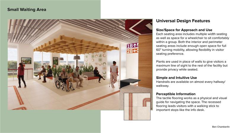 Rendering of small waiting area showing wheelchair inclusive seating groups and custom tactile floor design to assist low-vision navigation by Ben Chamberlin