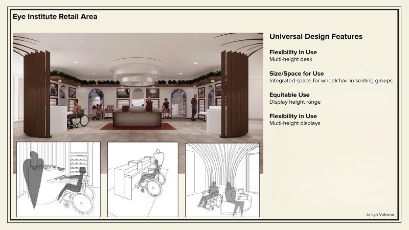 Rendering of eyewear retail area featuring multi-height sales counters and lowered retail wall displays by Jaclyn Vulcano