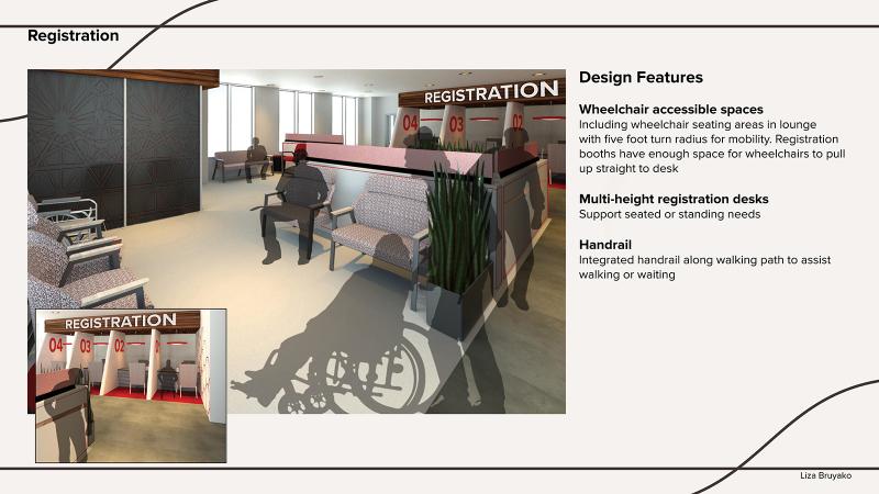 Rendering of registration area highlighting wheelchair inclusive seating groups and private registration desks with bold labeling by Liza Bruyako