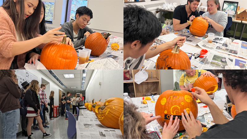 Photos of students using tools to carve pumpkins on top of newspaper covered tables during the event.
