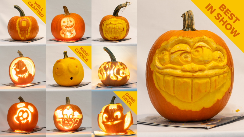 Photos of carved pumpkins.