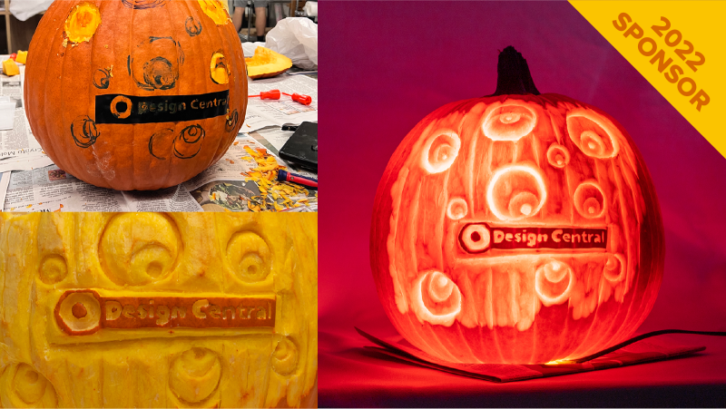 Photos of a pumpkin being carved and illuminated; this pumpkin has eyeballs and a Design Central company logo.