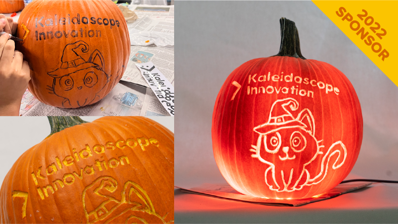 Photos of a pumpkin being carved and illuminated; this pumpkin has a kitten with a pointy hat and a Kaleidoscope Innovation company logo.