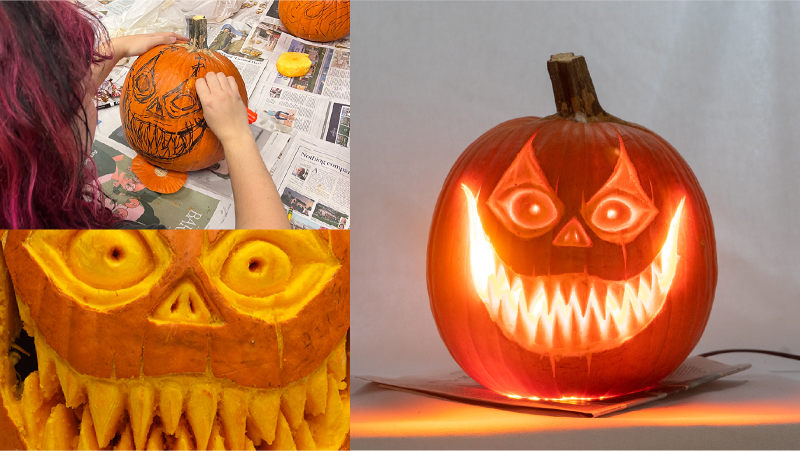 Photos of a pumpkin being carved and illuminated; this pumpkin has a scary smile with lots of teeth.