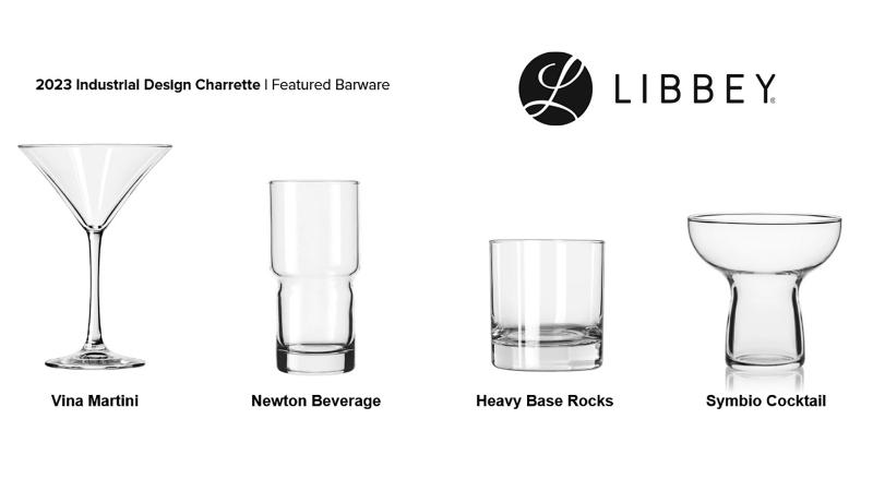 Four bar glasses made by Libbey: Vina Martini, Newton Beverage, Heavy Base Rocks, and Symbio Cocktail.
