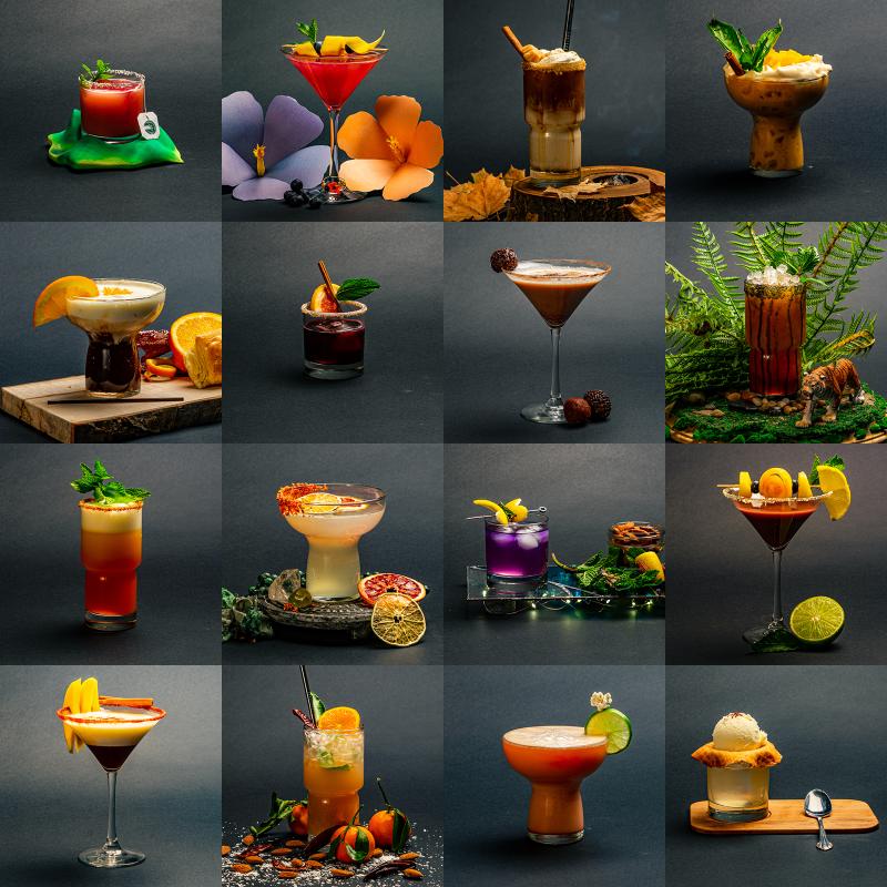 Grid of sixteen mocktail drink photos.