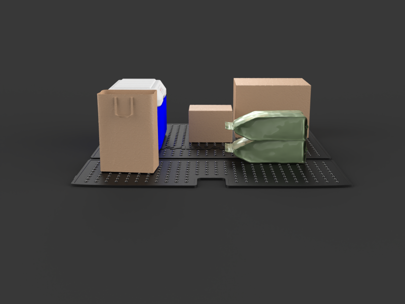 image 4 is of the 3D rendered mat with some items on top of it. This image is also included in my video. The mat has 1 paper grocery bag, a cooler. A bigger and smaller cardboard box and 2 bags of dog food on top of one another. (In the video it shows the items gliding across the surface.