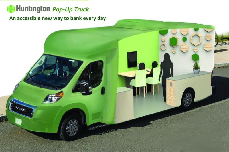 An image of the Huntington Bank Pop-Up Truck, an accessible new way to bank every day. The image shows a cutaway of both the exterior and interior of the truck.