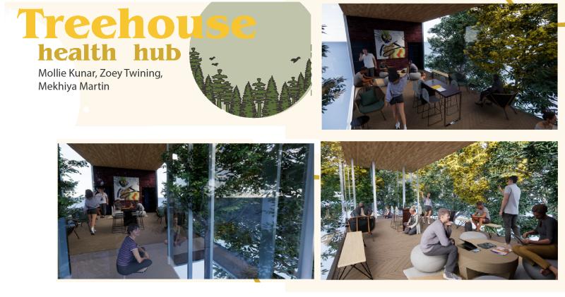 Images of Treehouse Health Hub design by Mollie Kunar, Zoey Twining, and Mekhiya Martin showing three renderings of an elevated room with large glass windows, surrounded by trees, filled with different casual seating groups.
