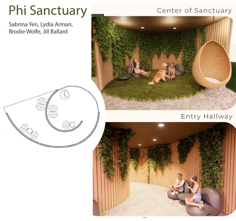 Images of Phi Sanctuary designed by Sabrina Yen, Lydia Arman, Brodie Wolfe, and Jill Ballard, showing a floor plan shaped like a spiral nautilus shell, a rendering of the center lounge with floor seating resembling rocks, a grass-like carpet, and wooden walls draped in greenery. A second rendering shows the stone floor hallway with the same wooden walls draped in greenery. 