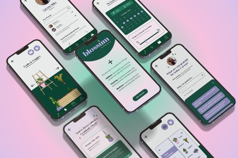 blossum app mocked-up on seven phone screens