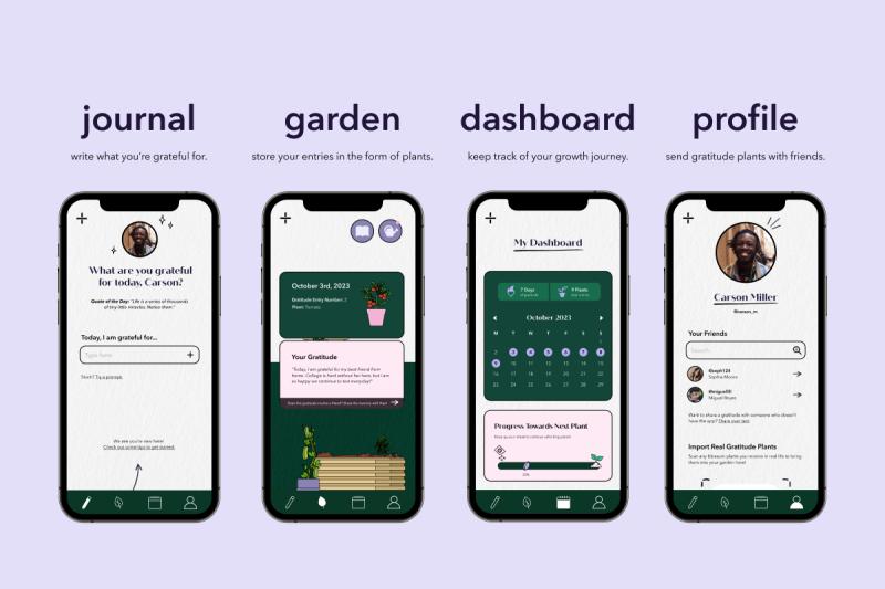 blossum’s four tabs within the app: journal, garden, dashboard, and profile.