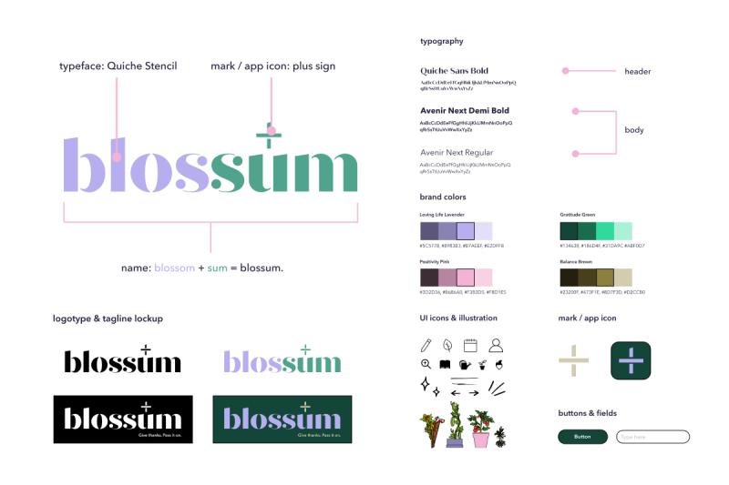 blossum's style guide with logotype and tagline lockups, typography, brand colors, icons and illustrations, and app icon.