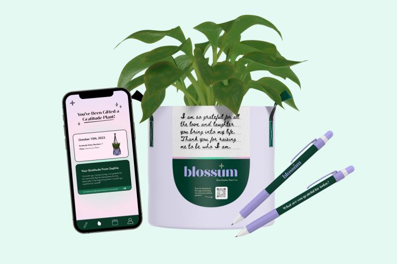 a real-life blossum plant, blossum gratitude pens, and a screen showing that the user has recieved a gratitude plant from a friend.