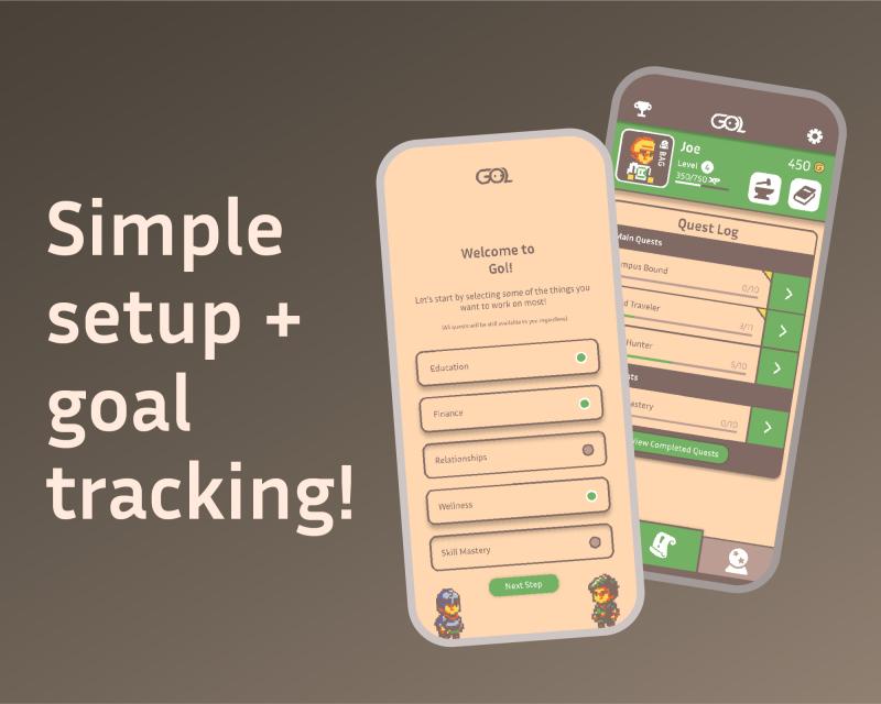 Screenshots showing off the app’s onboarding and quest log screen and text describing a simple setup and goal tracking system.