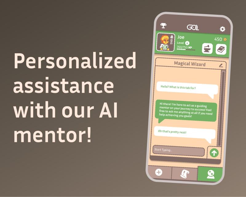 An image of the built in AI mentor feature of the app with the text “Personalized assistance with our AI Mentor!”