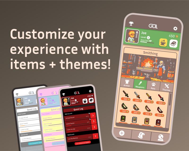 An image showing off the customization features of the app including different colors for app themes and the item shop with the text “Customize your experience with items + themes!”