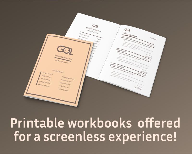 An image of the printable quest workbook with the text “Printable workbooks offered for a screenless experience!”