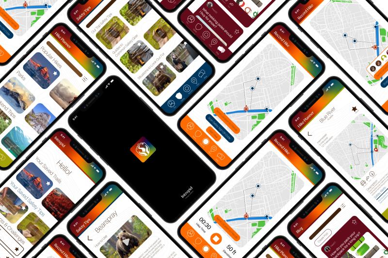 Multiple phone screen mockups of the Intrepid App.