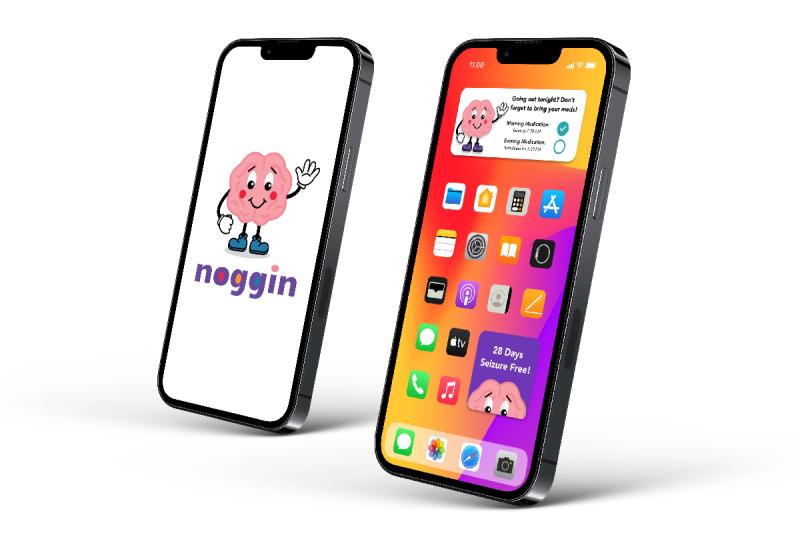 Two phone mockups on a white background displaying Noggin loading page and widgets