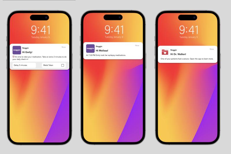 Three Phone Mockups On a Gray Background Displaying Three Noggin Notifications