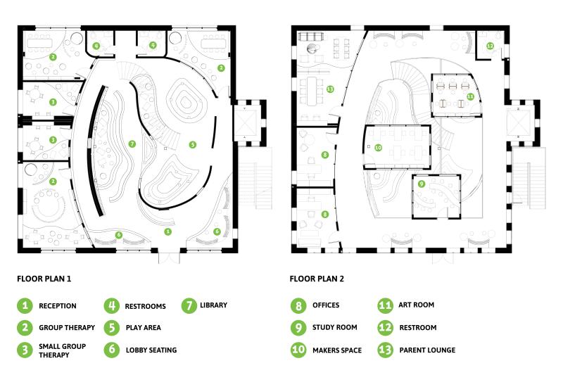 Floor plan view of the first and second floor of Sprouts Discovery Center.