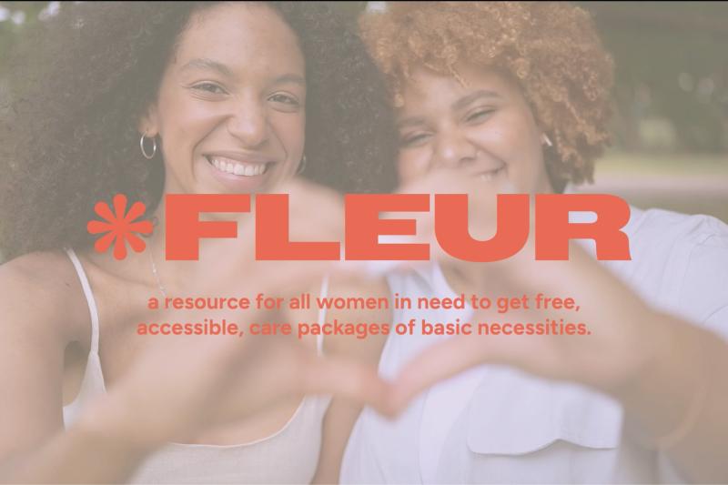Fleur introduction with mission statement and a stock image of two women creating a heart with their hands.