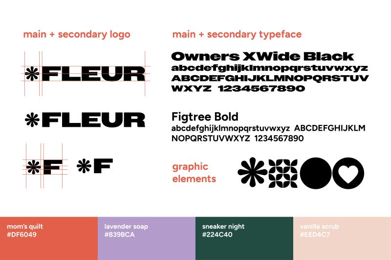 Fleur brand guide with logos, typefaces, color palette, and graphic elements.