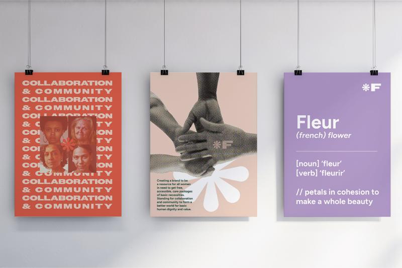 Three posters highlighting the Fleur brand: images of four women, conjoining hands, and the definition of Fleur.