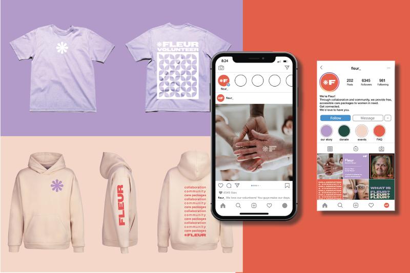 A few Fleur brand applications of a volunteer t-shirt, a sweatshirt, a social media mock-up, and an iconography system.