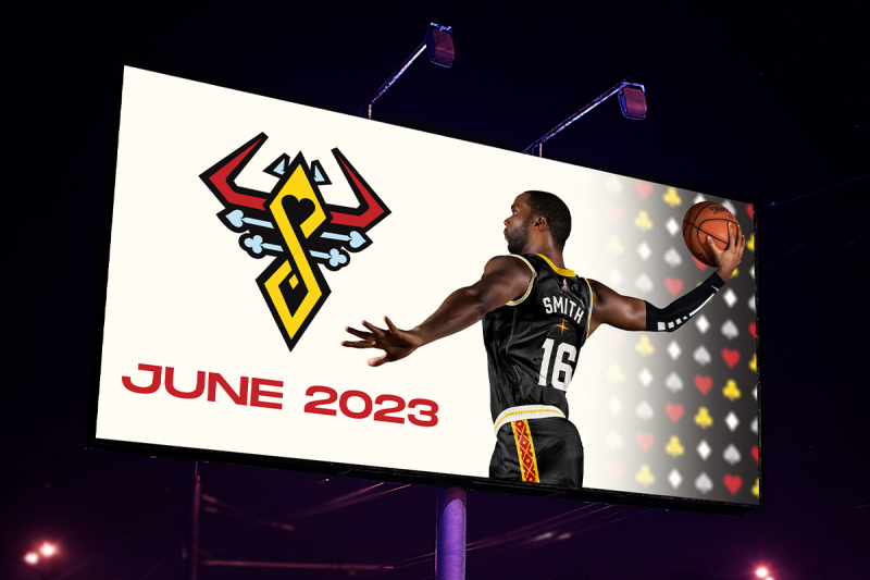 A billboard showcasing a player wearing the away jersey and a date announcing when the team will arrive in Las Vegas.