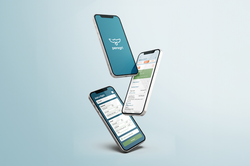 Three phones showing wireframes from the Peregri app.