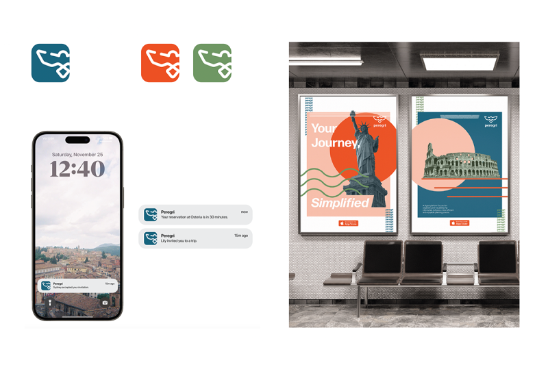 On the right is the app icons and iPhone notifications from the Peregri app. On the right is posters being displayed in a subway.
